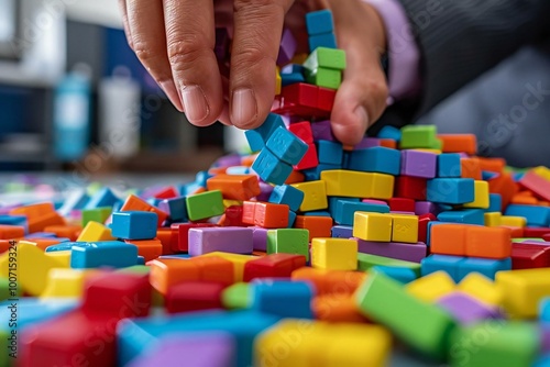 close-up of a businessperson's hand stopping colorful blocks from falling on a table in the office.