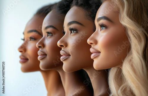 Side profile of diverse women showcasing beauty, ethnicity, and skin tones in perfect harmony against a minimalist background for beauty or diversity concepts