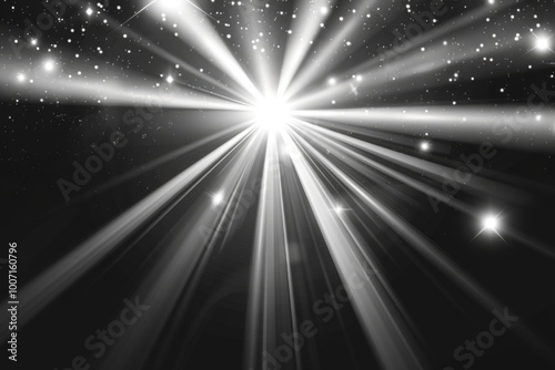 A black and white photograph of a starburst  representing the explosion of energy and light in the night sky