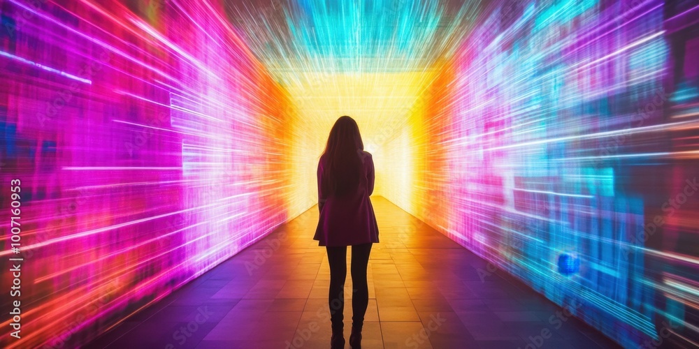 a woman standing in front of a colorful light tunnel a woman standing in front of a colorful light tunnel