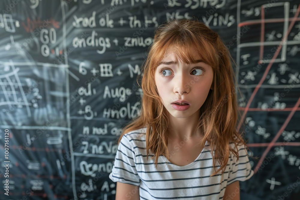 girl looking confused at a blackboard filled with math formulas in a classroom. girl looking confused at a blackboard filled with math formulas in a classroom.
