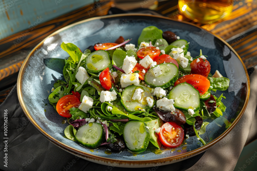 A blue bowl filled with a salad of tomatoes, cucumbers, and feta cheese A blue bowl filled with a salad of tomatoes, cucumbers, and feta cheese
