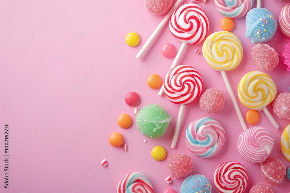 A bright and cheerful display of colorful lollipops on a pink background, perfect for adding a pop of color to your design A bright and cheerful display of colorful lollipops on a pink background, perfect for adding a pop of color to your design