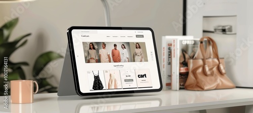 Online Shopping on Tablet Display for Fashion Products with Minimalist Desk Setup photo