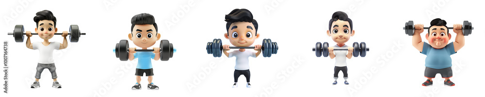 Asian man mascot lifting weights, 3D cartoon illustration, isolated on transparent background, cute animated style, beautiful colors, generative ai Asian man mascot lifting weights, 3D cartoon illustration, isolated on transparent background, cute animated style, beautiful colors, generative ai