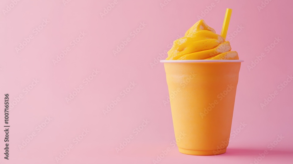 Mango smoothie milk shake in a to go cup on pink background Mango smoothie milk shake in a to go cup on pink background