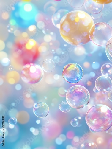 Vibrant bubbles drift upward in a light, airy setting filled with soft colors, creating a whimsical atmosphere