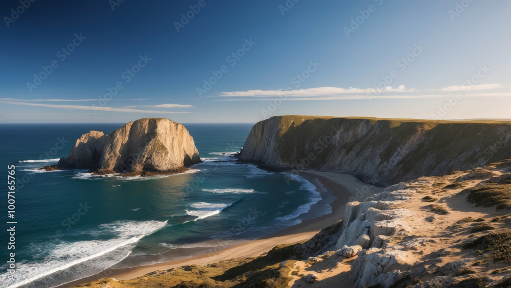 Coastal landscape with a gap in rocky headland.