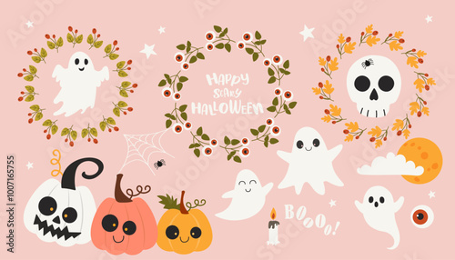 Collection vector individual elements. Happy scary Halloween hand drawn set of autumn wreath, pumpkin and spooks. Illustration for greeting card, social media, textile 