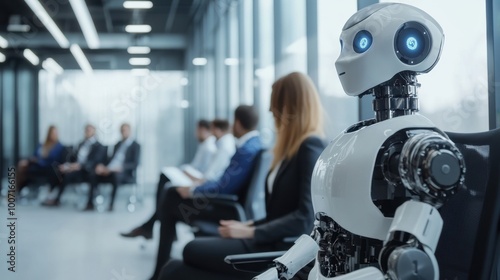 Humanoid AI robot is waiting for a job interview, symbol ofdisplacement of employees by artificial intelligence in global corporations