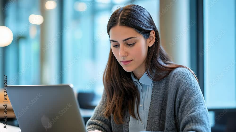 Business Woman Close up Portrait Typing Using Laptop in Modern Office Background Business Woman Close up Portrait Typing Using Laptop in Modern Office Background