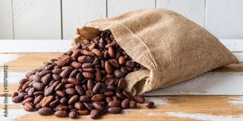 Cocoa Beans in a Burlap Sack on a Wooden Surface. photo