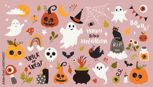 Wallpaper Mural Happy Halloween hand drawn set individual elements. Spook, fall leaves, mushroom, cat, bird, moth, bat, candy, branches, pumpkin. Colored trendy vector illustration. Autumn stickers Torontodigital.ca