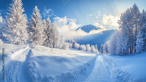 Winter Ski Resort high quality photo. Mountains and forest trees, vail snowy landscape. Family holidays vacation background.