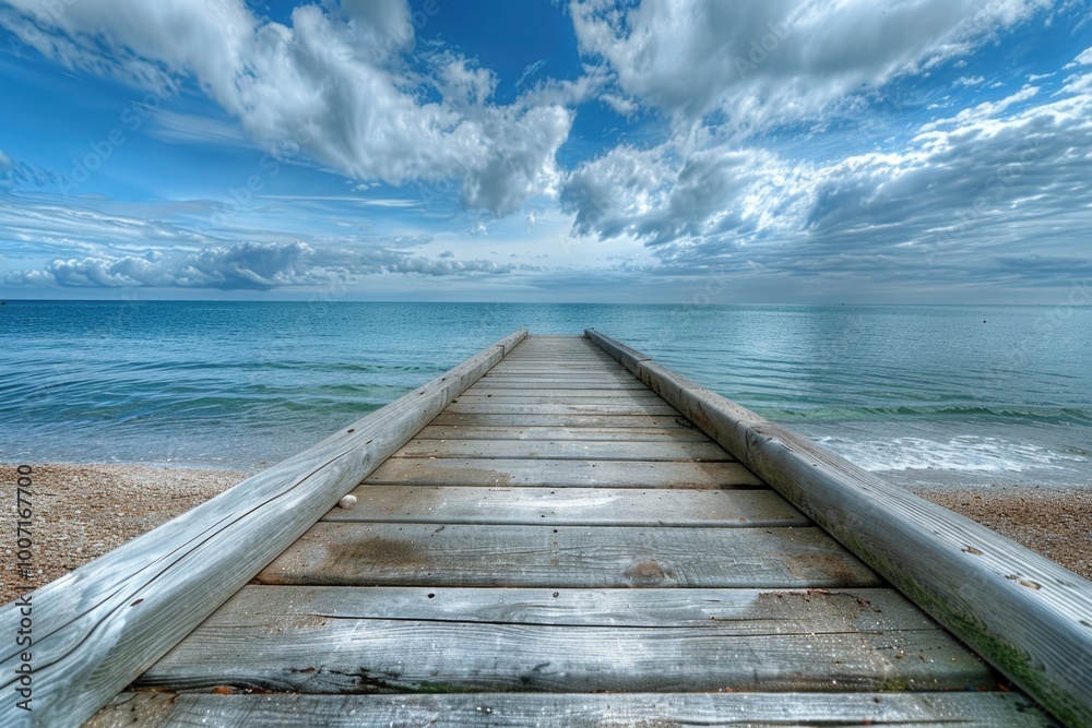 Fototapeta premium A wooden pier extends into the sea, suitable for beach or coastal scenes