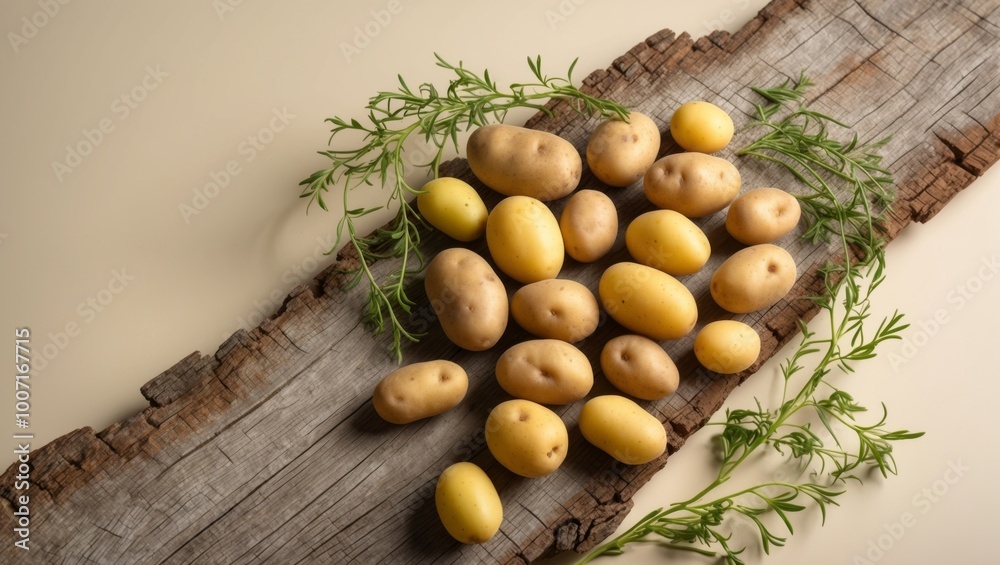 Fresh Organic Yellow Potatoes on Rustic Wooden Surface with Green Sprigs. Fresh Organic Yellow Potatoes on Rustic Wooden Surface with Green Sprigs.