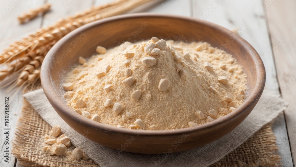 buckwheat flour pile in wood bowl dry buck wheat powder buckwheat flour on wooden rustic background. buckwheat flour pile in wood bowl dry buck wheat powder buckwheat flour on wooden rustic background.