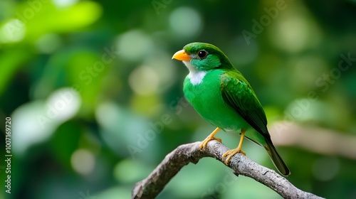 Green Broadbill Bird Perched on a Branch in Nature, Photo Realistic, Wallpaper, Cover and Screen for Smartphone, PC, Laptop, 9:16 and 16:9 Format