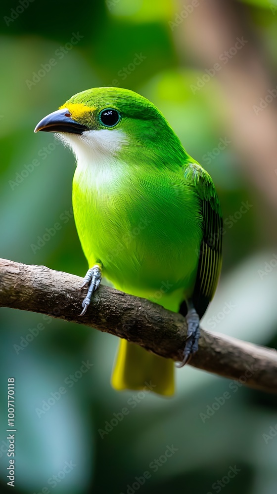Obraz premium Green Broadbill Bird Perched on a Branch in Nature, Photo Realistic, Wallpaper, Cover and Screen for Smartphone, PC, Laptop, 9:16 and 16:9 Format
