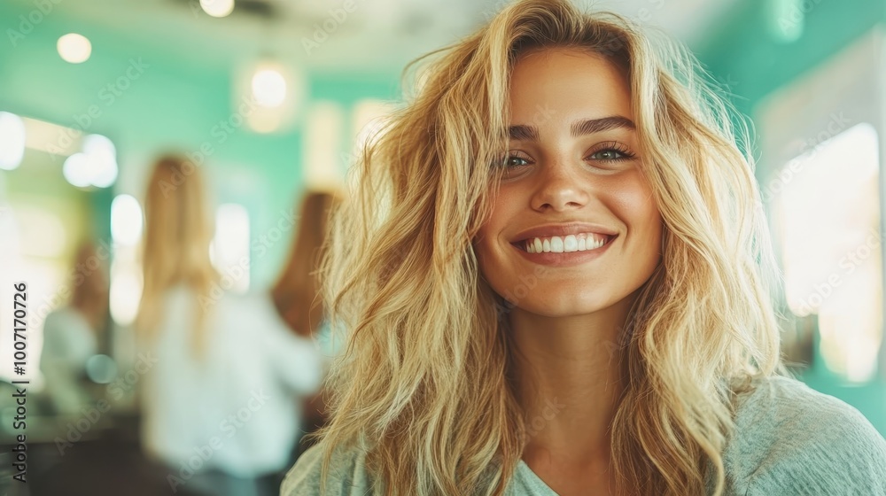 Φωτογραφία A cheerful woman with blonde hair and a radiant smile sits in a casual, well-lit environment, reflecting a lively and inviting atmosphere