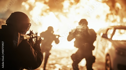 This high-stakes urban firefight scene depicts a military team actively engaging in combat amidst the oppressive heat and flames, with strategic precision. photo