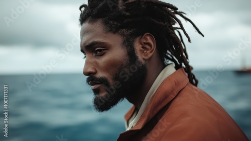 A thoughtful man in a brown jacket looks out over the sea, pondering the vastness of the ocean. This image reflects introspection and a sense of exploration. photo