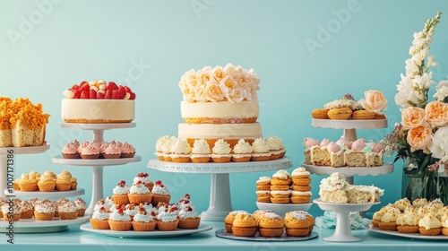 a dessert table with cakes and cookies made using stevia, beautifully arranged. Concept Healthier Eating Choices, Low-Calorie Alternatives, Artificial Sweeteners, Sugar Substitutes, Diet Options photo