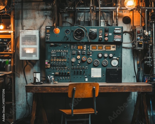 An old manufacturing plant's control room still retains its original control panel and evokes a rustic appeal as it looks out over the factory floor.