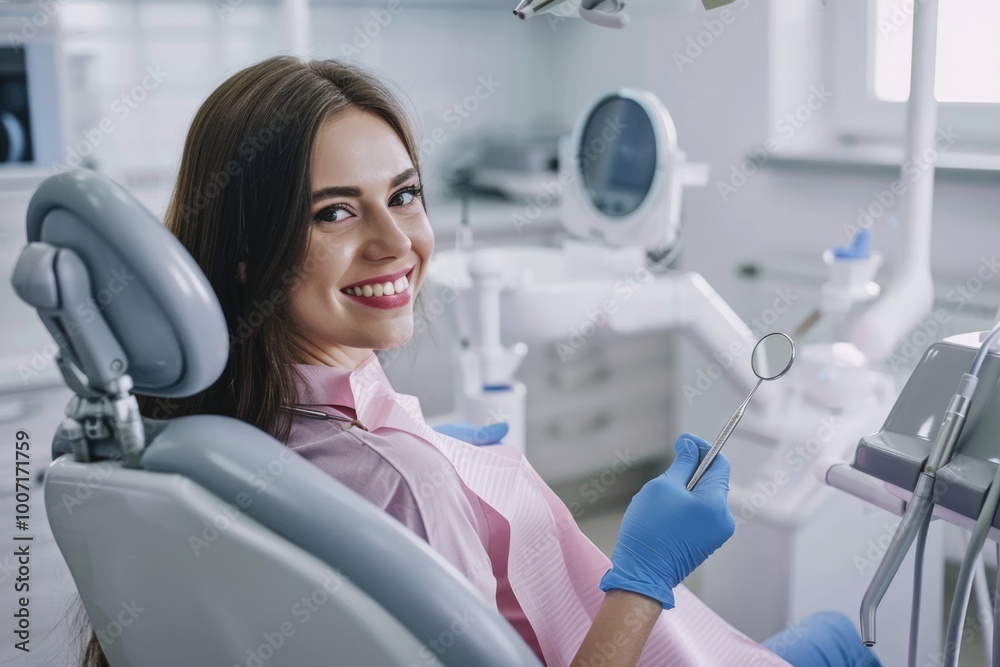 A woman sits in a dental chair awaiting her dentist appointment A woman sits in a dental chair awaiting her dentist appointment