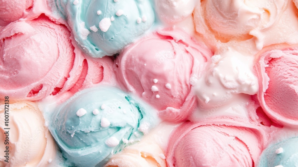 Inviting scoops of pastel-colored ice cream in shades of pink, blue, and white, with a soft texture and gentle swirls, evoking a sense of sweet indulgence.