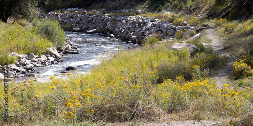 Panoramic view of a reinforced curve of Big Thompson River in Viestenz-Smith Mountain Park in Colorado