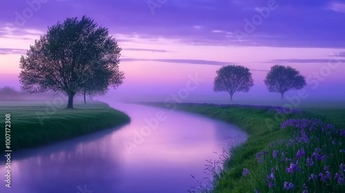 Through two green fields dotted with purple flowers, a river flows