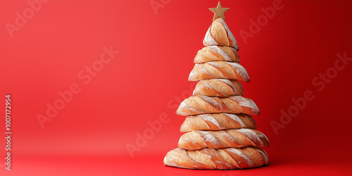 The Christmas tree is assembled independently from baguettes, with a gold star on top. Red background, empty space for text. photo