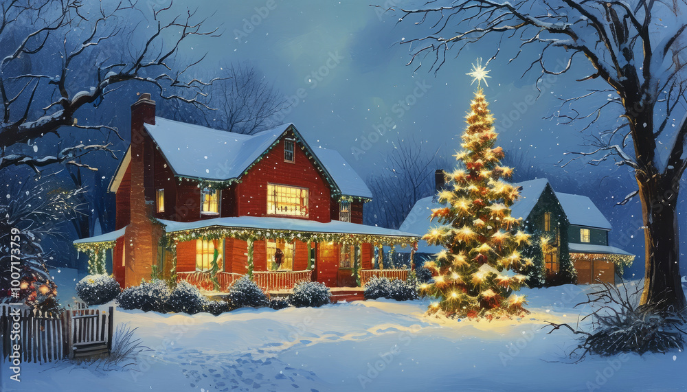 Fototapeta premium Rustic Winter Houses Lit Up for the Holidays. Christmas Lights on Snow-Covered Winter Homes. Charming Winter Homes Decorated with Christmas Lights