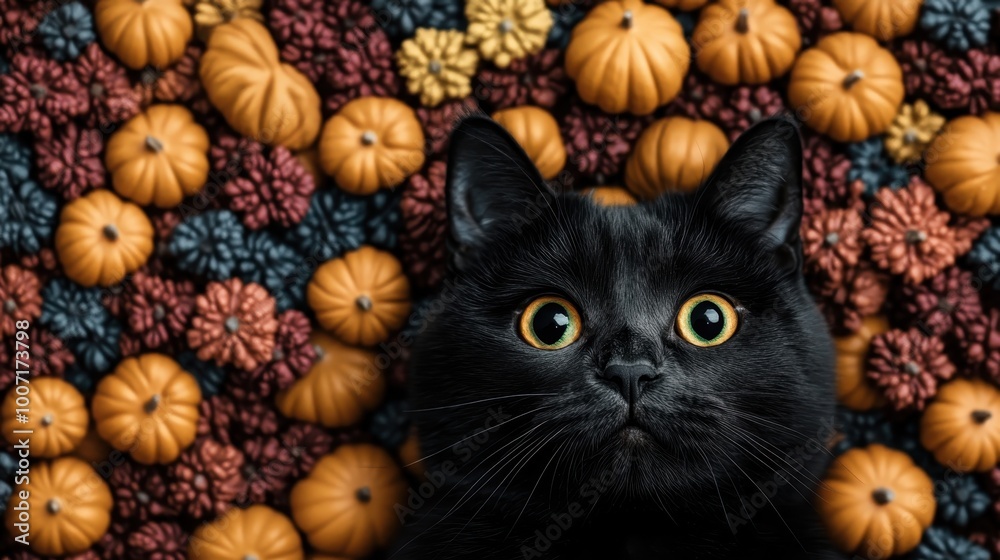 A black cat surrounded by an array of colorful mini pumpkins gazes upward, creating a whimsical and lively composition that captures the spirit of autumn in a creative way. A black cat surrounded by an array of colorful mini pumpkins gazes upward, creating a whimsical and lively composition that captures the spirit of autumn in a creative way.