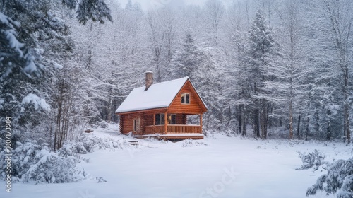 Cozy cabin in the mountains surrounded by snow on a winter day