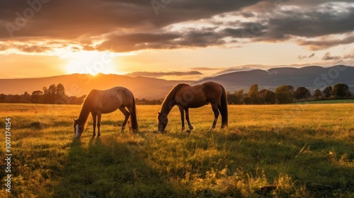 Sunset Grazing Horses in a Serene Meadow