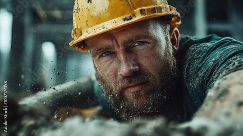 A close-up of a construction worker's face, showing determination and intensity while covered in dirt, highlighting the raw and dusty reality of construction work.