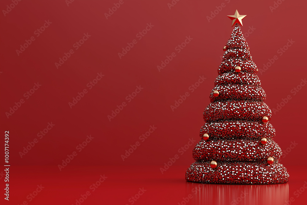 Minimalist Christmas tree with golden star decoration in elegant red and white color scheme against red background for holiday, seasonal, or festive design concepts