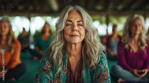 A mature woman meditates in a serene outdoor setting, her closed eyes and calm demeanor reflecting peace and unity among the surrounding group participants.