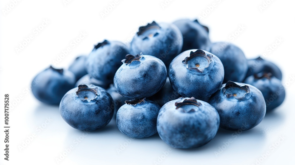 A stack of ripe blueberries displayed against a clean, white background, emphasizing their plumpness and vibrant color in a minimalist style setting.