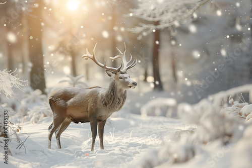 Noble male deer in forest winter scenery. High quality photo