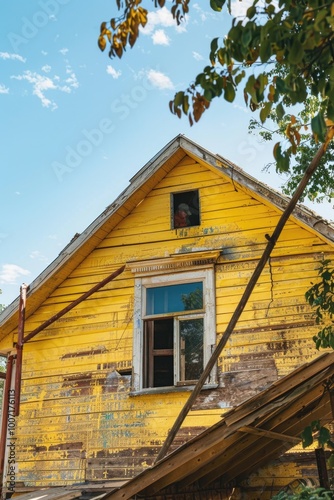 A worn-out old yellow house with a broken window, perfect for use in scenes about abandonment, nostalgia or rural settings