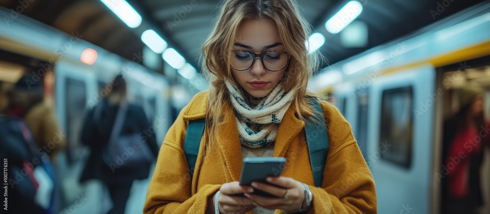 Young woman looking at her phone while standing on a subway platform. Young woman looking at her phone while standing on a subway platform.