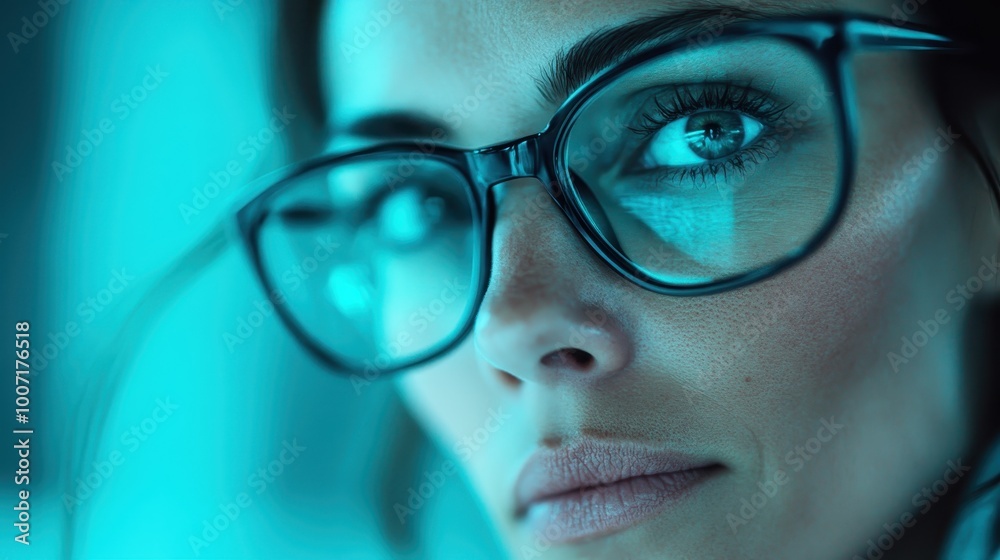 A detailed close-up shot of a woman's face adorned with glasses, set against a vibrant blue backdrop, highlighting her eyes and conveying a sense of mystery. A detailed close-up shot of a woman's face adorned with glasses, set against a vibrant blue backdrop, highlighting her eyes and conveying a sense of mystery.