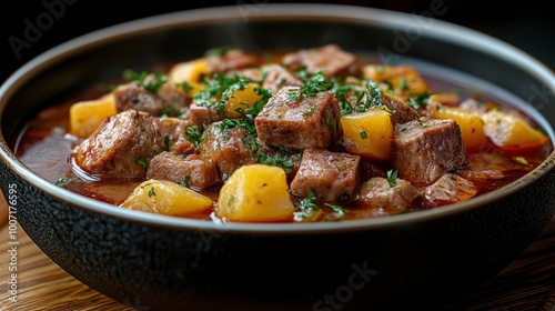 Close-up of Beef Stew with Potatoes and Parsley in a Black Bowl