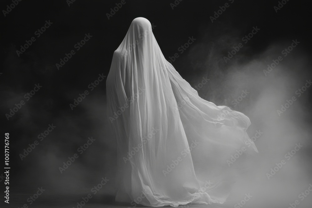 A ghostly figure with no distinct features stands in the dark, a white sheet floating around it, a misty background Generative AI A ghostly figure with no distinct features stands in the dark, a white sheet floating around it, a misty background Generative AI