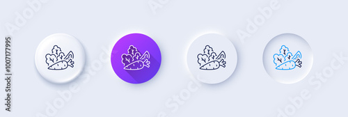 Vegetables line icon. Neumorphic, Purple gradient, 3d pin buttons. Lettuce, carrot with tomato sign. Low calories food symbol. Line icons. Neumorphic buttons with outline signs. Vector