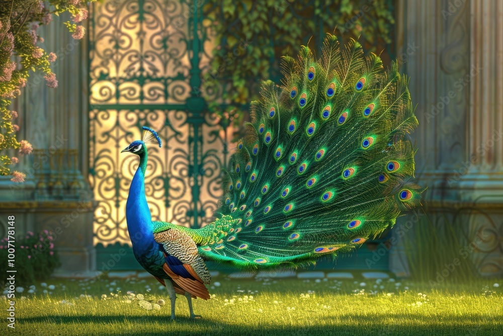Obraz premium Majestic Peacock Displaying Colorful Tail Feathers in Palace Garden for Elegant Spring Decor