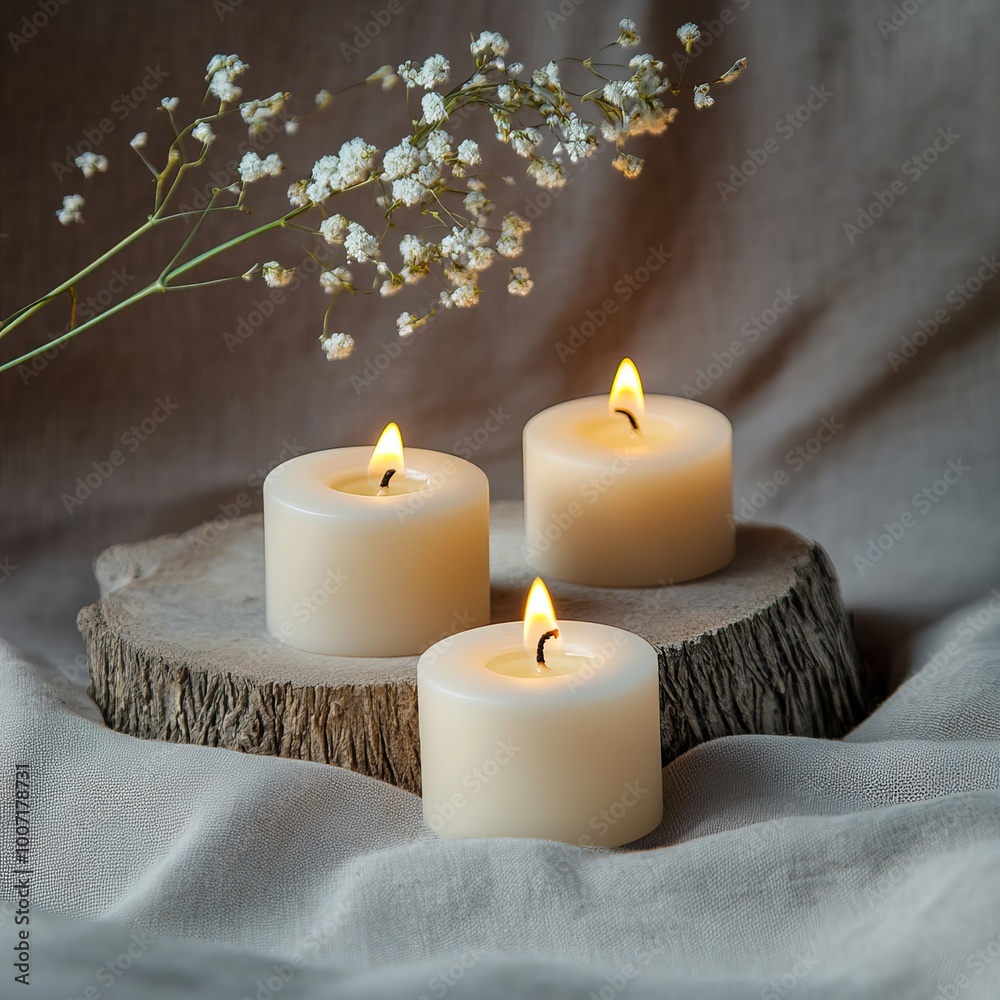 A minimalist arrangement of wax candles on a simple, clean surface, emphasizing soft lighting and negative space A minimalist arrangement of wax candles on a simple, clean surface, emphasizing soft lighting and negative space